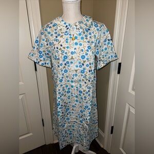 Sears Perma Prest Short Sleeve Dress Nightgown White Blue Floral Zip Up M